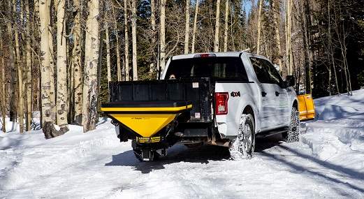 Meyer Blaster tailgate spreader mounted on a half-ton pickup — Leduc & Fils