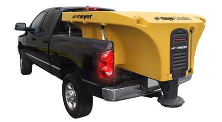Meyer Cross Fire drop-in spreader installed in a pickup bed — Leduc & Fils